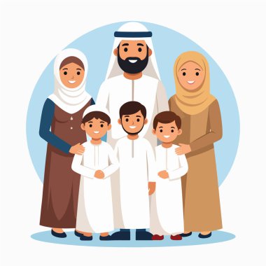 Sıcak vektör çiziminde bir Arap ailesi ve üç oğlu olan aile sahnesi