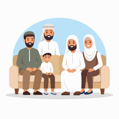 Müslüman bir aile, parlak bir oturma odasında sıcak bir aile portresi için poz veriyor.