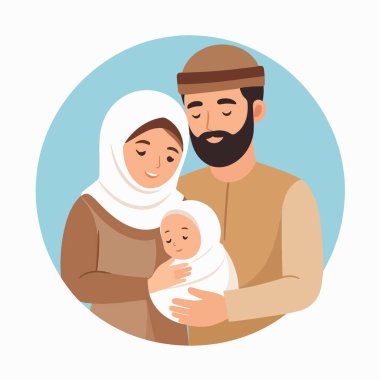 Aile resmi, tesettürlü bir anne, sakallı bir baba, mavi bir çemberin içinde bir bebeği tutuyor.