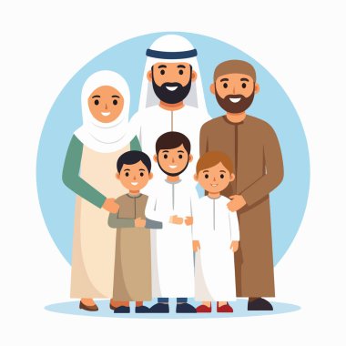 MuslimFamily 'nin sıcak grup portresi, geleneksel giyinmiş ebeveynlerin çocuklarına rehberlik ettiğini gösteriyor.