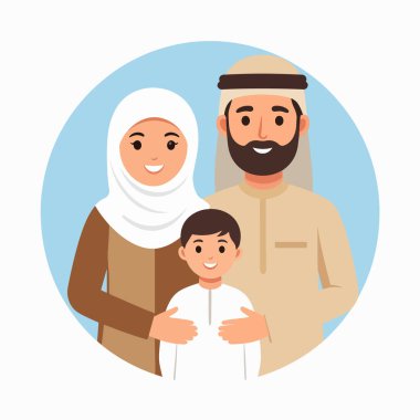 MuslimFamily portresi, tesettürlü bir anneyi, geleneksel giyinmiş bir babayı ve yumuşak mavi bir çembere karşı hazırlanmış gülümseyen bir çocuğu gösteriyor.