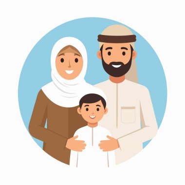 Açık mavi bir arka planda geleneksel giyinmiş bir Arap anne ve çocuğunun aile portresi