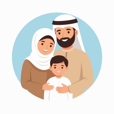 Arap aile portresi, gülümseyen bir anne ve çocuğu mavi dairesel çerçevede gösteriyor.