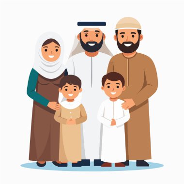 Müslüman aile, geleneksel giysiler içinde sıcak bir aile portresinde gülümsüyor.