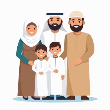 Arap aile portresi geleneksel elbiseleriyle birlikte gülümseyen sevgi dolu bir grubu gösteriyor. Çocuklar önde dururken yetişkinler arkada duruyor.