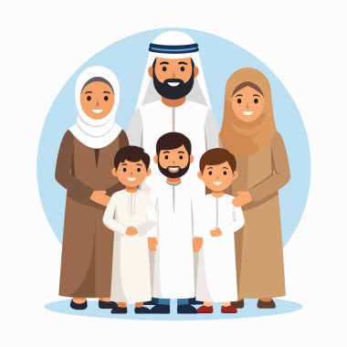 Geleneksel elbiseler içinde gülümseyen neşeli bir Arap aile portresi.