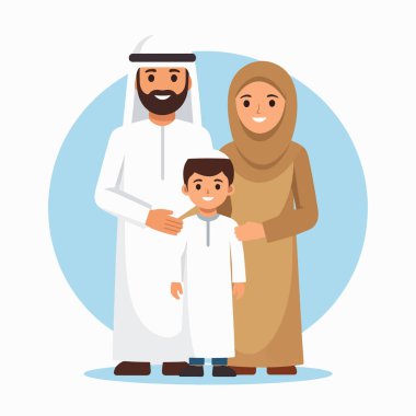 Geleneksel elbiseli ve çocuklu gülümseyen bir çiftin aile portresi.