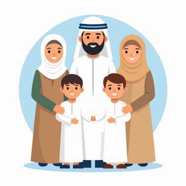 Geleneksel Arap elbiseli aile grubu sıcak bir aile portresi ile birlikte gülümsüyor.