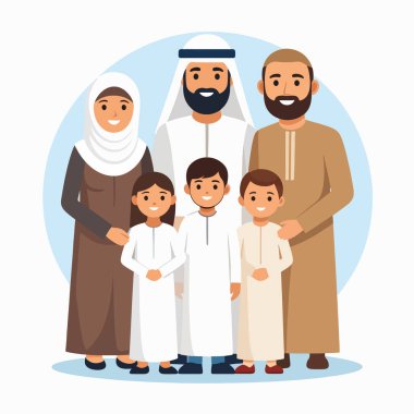 Aile Müslüman ailesi birlik ve mirası simgeleyen geleneksel kıyafetler içinde bir arada duruyorlar.