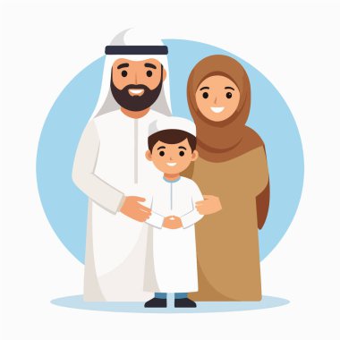 Aile tablosu, geleneksel elbiseli bir baba ve çocuğun sıcak bir gülümsemeyle birlikte poz verdiğini gösteriyor.