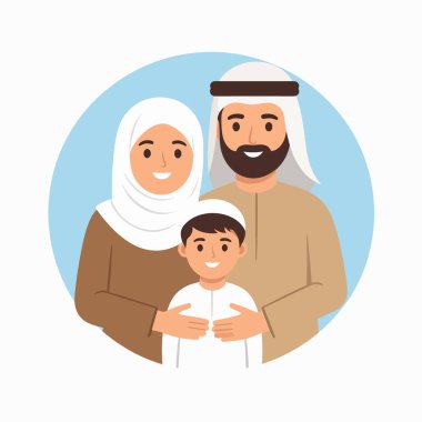 Aile portresi gülümseyen Müslüman bir anne baba ve çocuğu mavi dairesel bir zeminde gösteriyor.