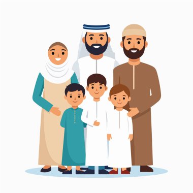 Geleneksel giysiler giymiş çok ırklı bir Arap ailenin aile portresi.