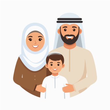 Arap Ailesi 'nin neşeli aile portresi anne tesettür baba ve oğlunu geleneksel giysiler içinde sıcak bir aile ortamında gösteriyor.