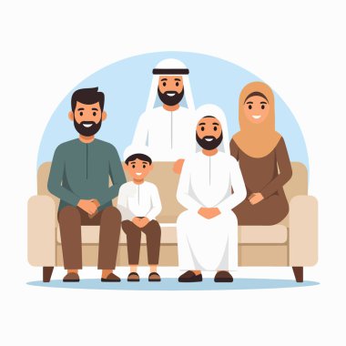 Aile sahnesi, rahat bir oturma odasındaki kanepede toplanan Arap bir ailenin gülümsemelerini ve beraberliklerini paylaştığını gösteriyor.