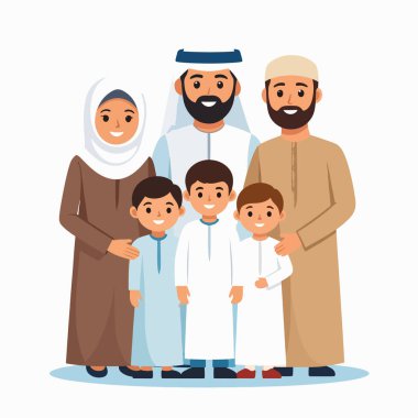 Aile portresi, farklı Arap Müslüman bir ailenin birlikte gülümsediğini gösteriyor.