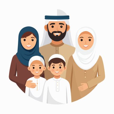 Aile portresi, geleneksel giyinmiş sakallı bir adam, tesettürlü iki kadın ve beyaz elbiseli iki çocuk içeriyor.