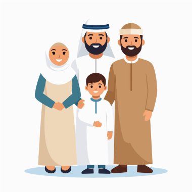 Geleneksel giysiler içinde dört kişilik aile sıcak bir illüstrasyonla bir arada duruyor.