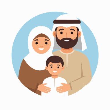 Arap aile portresi, dairesel mavi arkaplan ve sıcak tonlarla tesettürlü bir baba ve çocuğu gösteriyor.