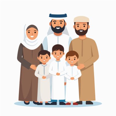 Geleneksel elbiseli, gülümseyen Orta Doğulu bir ailenin aile fotoğrafı.