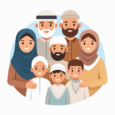 Müslüman aile portresi, sıcak bir çember içinde gülümseyen ve aile bağlarını ve kültürel uyumu ön plana çıkaran çok nesilli bir grubu gösteriyor.