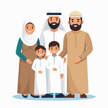 Aile Arap ebeveynleri ve çocuklar geleneksel giysi portresi grubunda sıcak tonlarda.