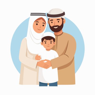 Geleneksel elbiseli gülümseyen bir Arap ailenin aile portresi. Yumuşak mavi bir çemberin önünde kucaklaşıyorlar.