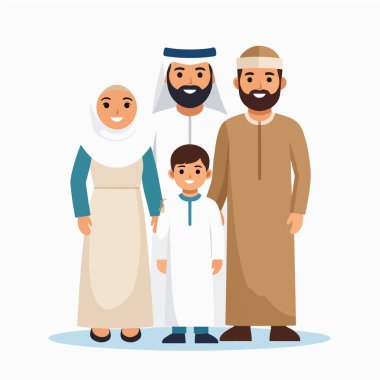 Aile portresi, geleneksel giyinmiş bir Arap ailesinin samimiyet ve birlik içinde gülümsediğini gösteriyor.