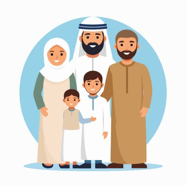 Geleneksel giyinmiş Müslüman bir ailenin aile portresi sıcak bir resimle bir araya geldi.