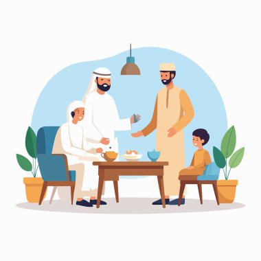 Aile, sıcak bir oturma odasında çay içmek için toplanır.