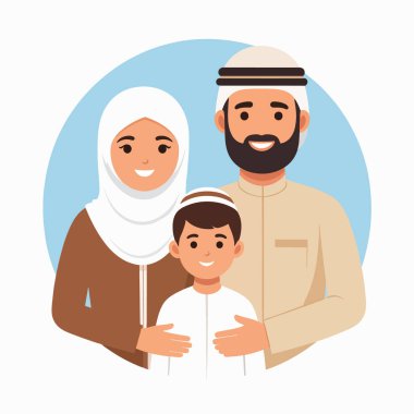 Müslüman bir aile babası ve çocuk neşeli bir çizgi film tarzında yapılmış sıcak bir birlik portresi.