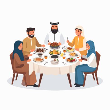 Aile yemeği sahnesi, çeşitli bir Arap ailesinin yuvarlak masa etrafında ziyafet çekmesini gösteriyor.