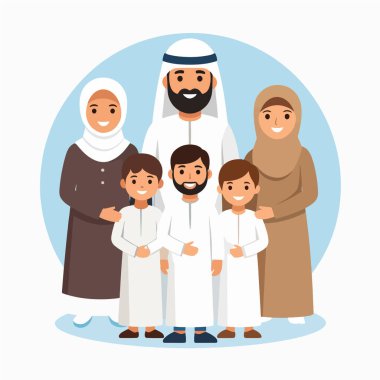 Gülümseyen Müslüman bir ailenin Arap aile portresi geleneksel kıyafetlerle bir araya geldi.