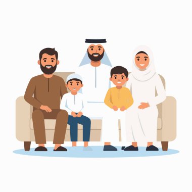 Aile, sıcak bir evde, sıcak, çoklu Müslüman bir aileyi gösteren bir kanepede yan yana oturur.