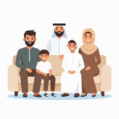 Aile, rahat bir oturma odasında geleneksel ve modern giysiler içinde birlikte oturur.