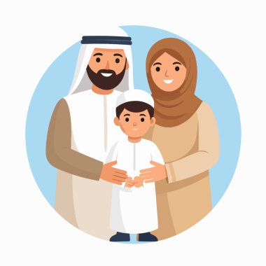 Geleneksel Arap elbiseli aile. Ebeveynler ve çocuklar mavi bir zeminde gülümsüyor.