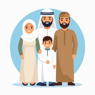 Geleneksel giysili gülümseyen bir Arap ailesinin resmi bir araya geldi.