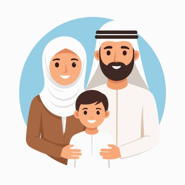 Aile portresi, tesettürlü bir anneyi, bir babayı ve sıcak bir aile sahnesindeki gülümseyen çocuklarını gösteriyor.