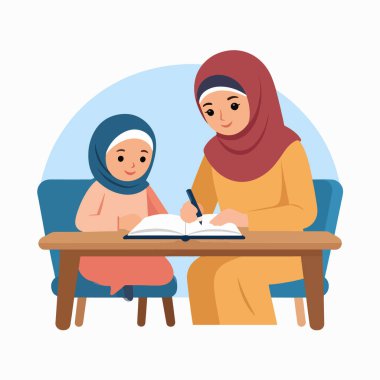 Anne, sıcak bir öğrenme seansında rahat bir çalışma masasında çocuğa rehberlik eder.