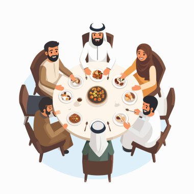 Yuvarlak bir masanın etrafında toplanan aile sıcak bir yemek sahnesinde yemeğin tadını çıkarıyor.