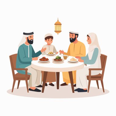 Ramazan ailesi, asılı bir fenerle aydınlatılmış yuvarlak bir masanın etrafında sıcak bir iftar yemeği için toplanıyor.