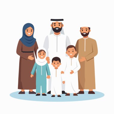 Geleneksel giyinmiş Müslüman bir ailenin aile portresi.