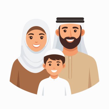 Arap Ailesi 'nin neşeli Müslüman aile portresi modern düz çizim tarzında.
