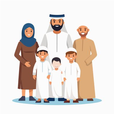 Mavi tesettürlü bir anne ve beyaz kanduralı bir babanın aile portresi.