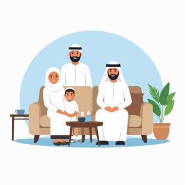 Aile Arap, parlak bir oturma odasındaki bir kanepede birlikte oturur.