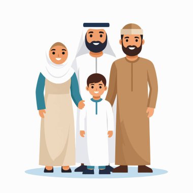 Geleneksel giyinmiş dört kişiyi gösteren Müslüman aile fotoğrafı