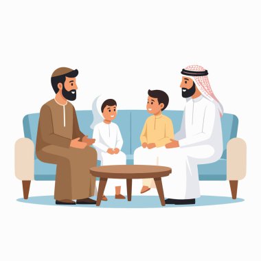 Aile sahnesinde bir baba ve iki oğlu bir kanepede oturmuş geleneksel cüppeli bir adamla dostça bir tartışmayı paylaşıyorlar.