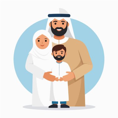 Aile portresi, geleneksel Arap giysileri içinde bir baba ve çocuğu birlikte gülümserken gösteriyor.