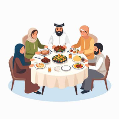 Aile yemeği sahnesi, yuvarlak masa etrafında çeşitli yemekleri paylaşan çok nesilli bir grubu gösteriyor.