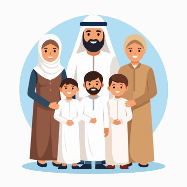 Aile geleneksel giysiler içinde mavi bir çember önünde yan yana duruyor.