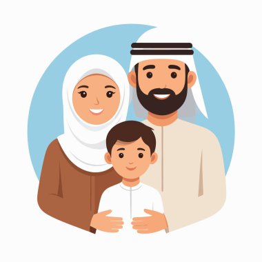 Türbanlı Müslüman aile ve geleneksel kıyafetler birlik ve kültür gururunu gösteren sıcak bir portrede yan yana dururlar.